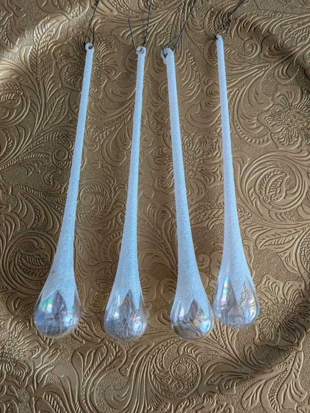 4 Vintage Icicle Ornaments Blown Glass Irredecent Glitter Dust  7